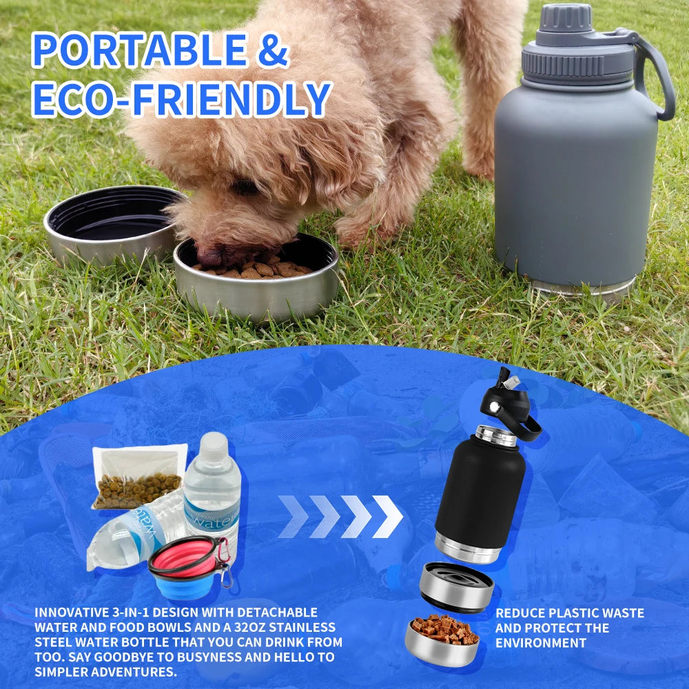 GreenAuraa® - 3 in 1 Stainless Steel Husky Water & Food Bowl Bottle